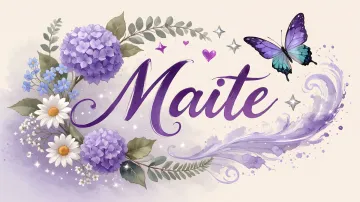 Maite horizontal diseño 2 - Diseño elegante de hortensias en tonos lila y morados suaves, con volutas estilizadas y una mariposa mística que aporta un toque etéreo y mágico.