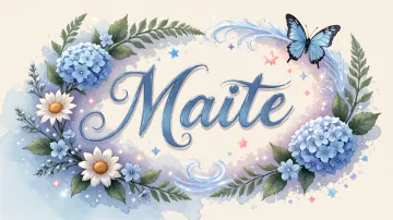 Maite horizontal diseño 4 - Composición magica con nombre en letra cursiva azul, rodeado de hortensias azules, margaritas blancas y delicadas flores silvestres, enmarcado por suaves remolinos de agua, mariposas azules y destellos estelares sobre un fondo etéreo y romántico.