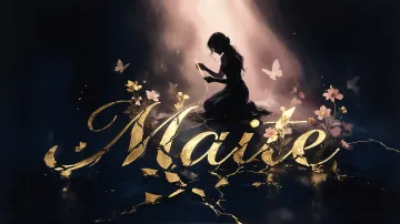 Maite horizontal diseño 6 - Composición de ilustración semirrealista cinematográfica con silueta femenina tejiendo un hilo dorado de luz sobre un suelo oscuro fracturado al estilo Kintsugi, donde el nombre resalta en un prominente guión caligráfico dorado que emerge de las grietas, rodeado de flores blancas, mariposas y un fondo degradado de azules profundos iluminado por una luz celestial en tonos melocotón y crema, con una frase de aliento en tipografía blanca en la parte inferior.