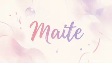 Maite horizontal diseño 7 - Diseño abstracto en acuarela sobre fondo crema, con manchas fluidas y etéreas en rosa pastel y lila, líneas curvas que aportan movimiento, pequeñas gotas salpicadas cayendo verticalmente y una burbuja translúcida en la parte superior izquierda. El nombre resalta al centro con una tipografía cursiva amplia y elegante en degradado rosa a morado.