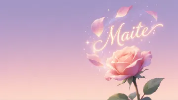 Maite horizontal diseño 8 - Fondo de Pantalla con degradado suave que transiciona de lila en la parte superior a melocotón y rosa pastel en la base, destacando una rosa rosada hiperrealista con tallo y hojas verdes. El nombre brilla en tipografía cursiva con efecto neón cálido, adornado con pétalos cayendo y chispas de luz mágica.