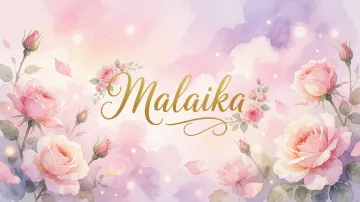Malaika horizontal diseño 10 - Diseño estilo acuarela con un fondo etéreo y texturizado en nubes de tonos rosa pastel y lila suave. Presenta composiciones de rosas abiertas y capullos en los bordes inferior y superior, con pétalos cayendo delicadamente. Incorpora destellos de luz cálida (efecto bokeh) y, en el centro, resalta una tipografía elegante, cursiva y fluida en color dorado.