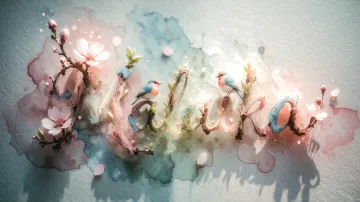 Malaika horizontal diseño 11 - Un delicado diseño de estilo acuarela digital que combina una tipografía de caligrafía personalizada para el nombre en tonos dorados y rosados suaves, adornada con pequeñas hojas y brotes. Un pajarito azul y naranja vibrante está posado en una de las letras. Todo está rodeado por un marco circular de ramas de cerezo en flor con delicadas flores rosadas y blancas. El fondo es un lavado de acuarela difuminado en tonos pastel suaves de azul cerceta, rosa rubor y melocotón sobre una textura de papel rugoso, con destellos luminosos y motas de luz bokeh flotando alrededor, creando una atmósfera mágica y soñadora. Las sombras suaves proyectadas añaden profundidad.