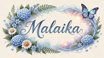 Malaika horizontal diseño 4 - Composición magica con nombre en letra cursiva azul, rodeado de hortensias azules, margaritas blancas y delicadas flores silvestres, enmarcado por suaves remolinos de agua, mariposas azules y destellos estelares sobre un fondo etéreo y romántico.