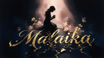 Malaika horizontal diseño 6 - Composición de ilustración semirrealista cinematográfica con silueta femenina tejiendo un hilo dorado de luz sobre un suelo oscuro fracturado al estilo Kintsugi, donde el nombre resalta en un prominente guión caligráfico dorado que emerge de las grietas, rodeado de flores blancas, mariposas y un fondo degradado de azules profundos iluminado por una luz celestial en tonos melocotón y crema, con una frase de aliento en tipografía blanca en la parte inferior.
