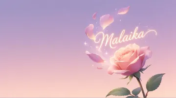 Malaika horizontal diseño 8 - Fondo de Pantalla con degradado suave que transiciona de lila en la parte superior a melocotón y rosa pastel en la base, destacando una rosa rosada hiperrealista con tallo y hojas verdes. El nombre brilla en tipografía cursiva con efecto neón cálido, adornado con pétalos cayendo y chispas de luz mágica.