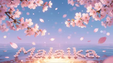 Malaika horizontal diseño 9 - Composición serena y onírica con ramas de cerezo en flor (sakura) en la parte superior contra un cielo en degradado de azul suave y lila. Pétalos de color rosa pastel flotan delicadamente en el aire cayendo hacia una superficie de agua tranquila y cristalina. En el centro inferior, el nombre está formado por pétalos de flores con un sutil efecto de relieve 3D y tipografía floral, reflejándose sobre el agua que está iluminada por un cálido destello dorado de luz solar en la esquina inferior derecha.