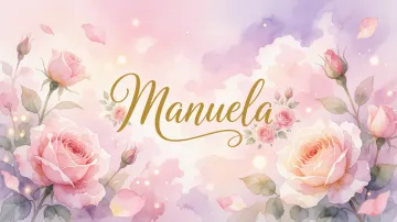 Manuela horizontal diseño 10 - Diseño estilo acuarela con un fondo etéreo y texturizado en nubes de tonos rosa pastel y lila suave. Presenta composiciones de rosas abiertas y capullos en los bordes inferior y superior, con pétalos cayendo delicadamente. Incorpora destellos de luz cálida (efecto bokeh) y, en el centro, resalta una tipografía elegante, cursiva y fluida en color dorado.