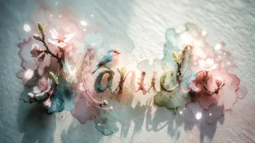Manuela horizontal diseño 11 - Un delicado diseño de estilo acuarela digital que combina una tipografía de caligrafía personalizada para el nombre en tonos dorados y rosados suaves, adornada con pequeñas hojas y brotes. Un pajarito azul y naranja vibrante está posado en una de las letras. Todo está rodeado por un marco circular de ramas de cerezo en flor con delicadas flores rosadas y blancas. El fondo es un lavado de acuarela difuminado en tonos pastel suaves de azul cerceta, rosa rubor y melocotón sobre una textura de papel rugoso, con destellos luminosos y motas de luz bokeh flotando alrededor, creando una atmósfera mágica y soñadora. Las sombras suaves proyectadas añaden profundidad.