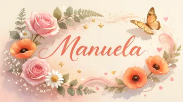 Manuela horizontal diseño 3 - Elegante composición de rosas rosadas y amapolas naranjas con mariposas doradas brillantes sobre un fondo cálido, romántico y mágico.