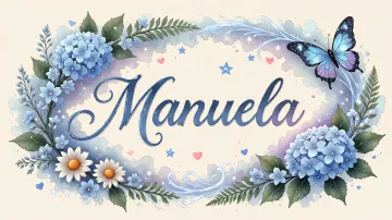 Manuela horizontal diseño 4 - Composición magica con nombre en letra cursiva azul, rodeado de hortensias azules, margaritas blancas y delicadas flores silvestres, enmarcado por suaves remolinos de agua, mariposas azules y destellos estelares sobre un fondo etéreo y romántico.