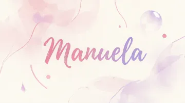 Manuela horizontal diseño 7 - Diseño abstracto en acuarela sobre fondo crema, con manchas fluidas y etéreas en rosa pastel y lila, líneas curvas que aportan movimiento, pequeñas gotas salpicadas cayendo verticalmente y una burbuja translúcida en la parte superior izquierda. El nombre resalta al centro con una tipografía cursiva amplia y elegante en degradado rosa a morado.