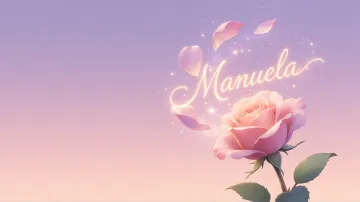Manuela horizontal diseño 8 - Fondo de Pantalla con degradado suave que transiciona de lila en la parte superior a melocotón y rosa pastel en la base, destacando una rosa rosada hiperrealista con tallo y hojas verdes. El nombre brilla en tipografía cursiva con efecto neón cálido, adornado con pétalos cayendo y chispas de luz mágica.