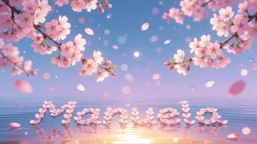 Manuela horizontal diseño 9 - Composición serena y onírica con ramas de cerezo en flor (sakura) en la parte superior contra un cielo en degradado de azul suave y lila. Pétalos de color rosa pastel flotan delicadamente en el aire cayendo hacia una superficie de agua tranquila y cristalina. En el centro inferior, el nombre está formado por pétalos de flores con un sutil efecto de relieve 3D y tipografía floral, reflejándose sobre el agua que está iluminada por un cálido destello dorado de luz solar en la esquina inferior derecha.