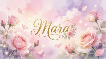 Mara horizontal diseño 10 - Diseño estilo acuarela con un fondo etéreo y texturizado en nubes de tonos rosa pastel y lila suave. Presenta composiciones de rosas abiertas y capullos en los bordes inferior y superior, con pétalos cayendo delicadamente. Incorpora destellos de luz cálida (efecto bokeh) y, en el centro, resalta una tipografía elegante, cursiva y fluida en color dorado.
