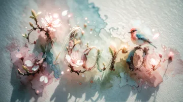 Mara horizontal diseño 11 - Un delicado diseño de estilo acuarela digital que combina una tipografía de caligrafía personalizada para el nombre en tonos dorados y rosados suaves, adornada con pequeñas hojas y brotes. Un pajarito azul y naranja vibrante está posado en una de las letras. Todo está rodeado por un marco circular de ramas de cerezo en flor con delicadas flores rosadas y blancas. El fondo es un lavado de acuarela difuminado en tonos pastel suaves de azul cerceta, rosa rubor y melocotón sobre una textura de papel rugoso, con destellos luminosos y motas de luz bokeh flotando alrededor, creando una atmósfera mágica y soñadora. Las sombras suaves proyectadas añaden profundidad.
