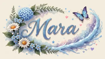 Mara horizontal diseño 4 - Composición magica con nombre en letra cursiva azul, rodeado de hortensias azules, margaritas blancas y delicadas flores silvestres, enmarcado por suaves remolinos de agua, mariposas azules y destellos estelares sobre un fondo etéreo y romántico.