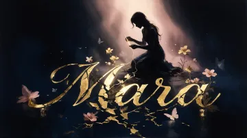 Mara horizontal diseño 6 - Composición de ilustración semirrealista cinematográfica con silueta femenina tejiendo un hilo dorado de luz sobre un suelo oscuro fracturado al estilo Kintsugi, donde el nombre resalta en un prominente guión caligráfico dorado que emerge de las grietas, rodeado de flores blancas, mariposas y un fondo degradado de azules profundos iluminado por una luz celestial en tonos melocotón y crema, con una frase de aliento en tipografía blanca en la parte inferior.