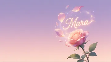 Mara horizontal diseño 8 - Fondo de Pantalla con degradado suave que transiciona de lila en la parte superior a melocotón y rosa pastel en la base, destacando una rosa rosada hiperrealista con tallo y hojas verdes. El nombre brilla en tipografía cursiva con efecto neón cálido, adornado con pétalos cayendo y chispas de luz mágica.