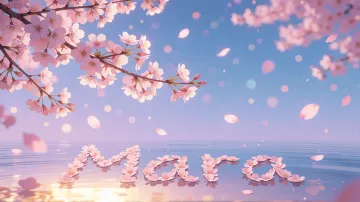 Mara horizontal diseño 9 - Composición serena y onírica con ramas de cerezo en flor (sakura) en la parte superior contra un cielo en degradado de azul suave y lila. Pétalos de color rosa pastel flotan delicadamente en el aire cayendo hacia una superficie de agua tranquila y cristalina. En el centro inferior, el nombre está formado por pétalos de flores con un sutil efecto de relieve 3D y tipografía floral, reflejándose sobre el agua que está iluminada por un cálido destello dorado de luz solar en la esquina inferior derecha.