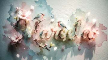 Marcela horizontal diseño 11 - Un delicado diseño de estilo acuarela digital que combina una tipografía de caligrafía personalizada para el nombre en tonos dorados y rosados suaves, adornada con pequeñas hojas y brotes. Un pajarito azul y naranja vibrante está posado en una de las letras. Todo está rodeado por un marco circular de ramas de cerezo en flor con delicadas flores rosadas y blancas. El fondo es un lavado de acuarela difuminado en tonos pastel suaves de azul cerceta, rosa rubor y melocotón sobre una textura de papel rugoso, con destellos luminosos y motas de luz bokeh flotando alrededor, creando una atmósfera mágica y soñadora. Las sombras suaves proyectadas añaden profundidad.