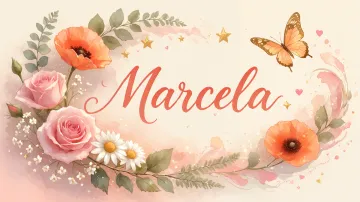 Marcela horizontal diseño 3 - Elegante composición de rosas rosadas y amapolas naranjas con mariposas doradas brillantes sobre un fondo cálido, romántico y mágico.
