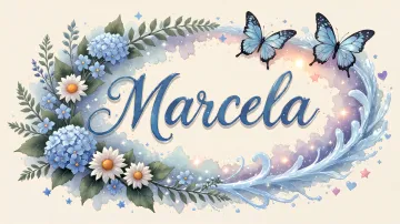 Marcela horizontal diseño 4 - Composición magica con nombre en letra cursiva azul, rodeado de hortensias azules, margaritas blancas y delicadas flores silvestres, enmarcado por suaves remolinos de agua, mariposas azules y destellos estelares sobre un fondo etéreo y romántico.