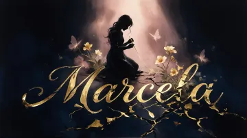 Marcela horizontal diseño 6 - Composición de ilustración semirrealista cinematográfica con silueta femenina tejiendo un hilo dorado de luz sobre un suelo oscuro fracturado al estilo Kintsugi, donde el nombre resalta en un prominente guión caligráfico dorado que emerge de las grietas, rodeado de flores blancas, mariposas y un fondo degradado de azules profundos iluminado por una luz celestial en tonos melocotón y crema, con una frase de aliento en tipografía blanca en la parte inferior.