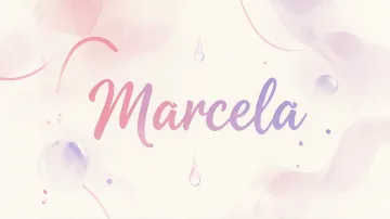 Marcela horizontal diseño 7 - Diseño abstracto en acuarela sobre fondo crema, con manchas fluidas y etéreas en rosa pastel y lila, líneas curvas que aportan movimiento, pequeñas gotas salpicadas cayendo verticalmente y una burbuja translúcida en la parte superior izquierda. El nombre resalta al centro con una tipografía cursiva amplia y elegante en degradado rosa a morado.