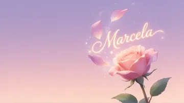 Marcela horizontal diseño 8 - Fondo de Pantalla con degradado suave que transiciona de lila en la parte superior a melocotón y rosa pastel en la base, destacando una rosa rosada hiperrealista con tallo y hojas verdes. El nombre brilla en tipografía cursiva con efecto neón cálido, adornado con pétalos cayendo y chispas de luz mágica.