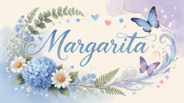 Margarita horizontal diseño 1 - Hortensias azules, flores pequeñas y acuarela suave con mariposas azules y brillo etéreo