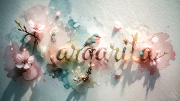 Margarita horizontal diseño 11 - Un delicado diseño de estilo acuarela digital que combina una tipografía de caligrafía personalizada para el nombre en tonos dorados y rosados suaves, adornada con pequeñas hojas y brotes. Un pajarito azul y naranja vibrante está posado en una de las letras. Todo está rodeado por un marco circular de ramas de cerezo en flor con delicadas flores rosadas y blancas. El fondo es un lavado de acuarela difuminado en tonos pastel suaves de azul cerceta, rosa rubor y melocotón sobre una textura de papel rugoso, con destellos luminosos y motas de luz bokeh flotando alrededor, creando una atmósfera mágica y soñadora. Las sombras suaves proyectadas añaden profundidad.