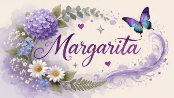 Margarita horizontal diseño 2 - Diseño elegante de hortensias en tonos lila y morados suaves, con volutas estilizadas y una mariposa mística que aporta un toque etéreo y mágico.