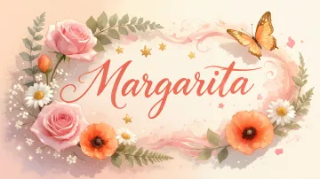 Margarita horizontal diseño 3 - Elegante composición de rosas rosadas y amapolas naranjas con mariposas doradas brillantes sobre un fondo cálido, romántico y mágico.