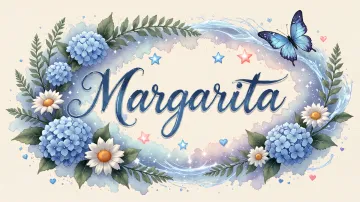 Margarita horizontal diseño 4 - Composición magica con nombre en letra cursiva azul, rodeado de hortensias azules, margaritas blancas y delicadas flores silvestres, enmarcado por suaves remolinos de agua, mariposas azules y destellos estelares sobre un fondo etéreo y romántico.