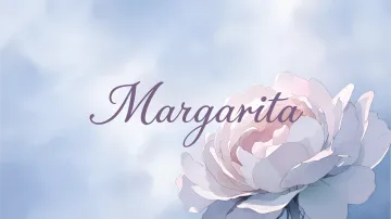Margarita horizontal diseño 5 - Nombre en elegante tipografía cursiva caligráfica en tono lavanda, sobre fondo acuarela de cielo nublado en tonos pastel (azul, blanco, lavanda), decorado con rosa en acuarela de pétalos rosa pálido, blanco crema y lilas suaves con hojas en gris-verde.
