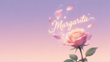 Margarita horizontal diseño 8 - Fondo de Pantalla con degradado suave que transiciona de lila en la parte superior a melocotón y rosa pastel en la base, destacando una rosa rosada hiperrealista con tallo y hojas verdes. El nombre brilla en tipografía cursiva con efecto neón cálido, adornado con pétalos cayendo y chispas de luz mágica.