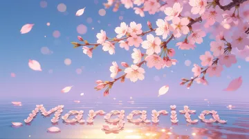 Margarita horizontal diseño 9 - Composición serena y onírica con ramas de cerezo en flor (sakura) en la parte superior contra un cielo en degradado de azul suave y lila. Pétalos de color rosa pastel flotan delicadamente en el aire cayendo hacia una superficie de agua tranquila y cristalina. En el centro inferior, el nombre está formado por pétalos de flores con un sutil efecto de relieve 3D y tipografía floral, reflejándose sobre el agua que está iluminada por un cálido destello dorado de luz solar en la esquina inferior derecha.