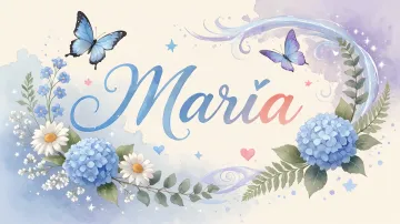 Maria horizontal diseño 1 - Hortensias azules, flores pequeñas y acuarela suave con mariposas azules y brillo etéreo