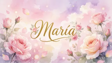 Maria horizontal diseño 10 - Diseño estilo acuarela con un fondo etéreo y texturizado en nubes de tonos rosa pastel y lila suave. Presenta composiciones de rosas abiertas y capullos en los bordes inferior y superior, con pétalos cayendo delicadamente. Incorpora destellos de luz cálida (efecto bokeh) y, en el centro, resalta una tipografía elegante, cursiva y fluida en color dorado.