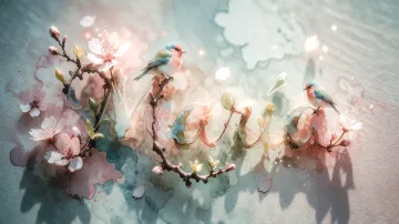 Maria horizontal diseño 11 - Un delicado diseño de estilo acuarela digital que combina una tipografía de caligrafía personalizada para el nombre en tonos dorados y rosados suaves, adornada con pequeñas hojas y brotes. Un pajarito azul y naranja vibrante está posado en una de las letras. Todo está rodeado por un marco circular de ramas de cerezo en flor con delicadas flores rosadas y blancas. El fondo es un lavado de acuarela difuminado en tonos pastel suaves de azul cerceta, rosa rubor y melocotón sobre una textura de papel rugoso, con destellos luminosos y motas de luz bokeh flotando alrededor, creando una atmósfera mágica y soñadora. Las sombras suaves proyectadas añaden profundidad.