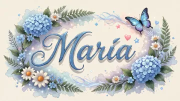 Maria horizontal diseño 4 - Composición magica con nombre en letra cursiva azul, rodeado de hortensias azules, margaritas blancas y delicadas flores silvestres, enmarcado por suaves remolinos de agua, mariposas azules y destellos estelares sobre un fondo etéreo y romántico.