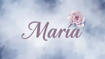 Maria horizontal diseño 5 - Nombre en elegante tipografía cursiva caligráfica en tono lavanda, sobre fondo acuarela de cielo nublado en tonos pastel (azul, blanco, lavanda), decorado con rosa en acuarela de pétalos rosa pálido, blanco crema y lilas suaves con hojas en gris-verde.