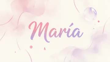 Maria horizontal diseño 7 - Diseño abstracto en acuarela sobre fondo crema, con manchas fluidas y etéreas en rosa pastel y lila, líneas curvas que aportan movimiento, pequeñas gotas salpicadas cayendo verticalmente y una burbuja translúcida en la parte superior izquierda. El nombre resalta al centro con una tipografía cursiva amplia y elegante en degradado rosa a morado.