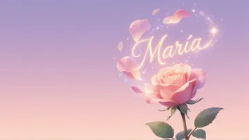 Maria horizontal diseño 8 - Fondo de Pantalla con degradado suave que transiciona de lila en la parte superior a melocotón y rosa pastel en la base, destacando una rosa rosada hiperrealista con tallo y hojas verdes. El nombre brilla en tipografía cursiva con efecto neón cálido, adornado con pétalos cayendo y chispas de luz mágica.
