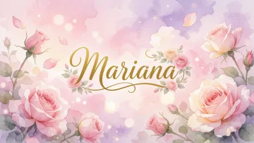 Mariana horizontal diseño 10 - Diseño estilo acuarela con un fondo etéreo y texturizado en nubes de tonos rosa pastel y lila suave. Presenta composiciones de rosas abiertas y capullos en los bordes inferior y superior, con pétalos cayendo delicadamente. Incorpora destellos de luz cálida (efecto bokeh) y, en el centro, resalta una tipografía elegante, cursiva y fluida en color dorado.