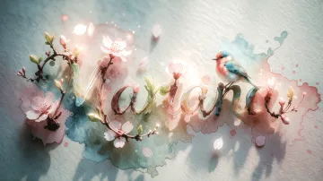 Mariana horizontal diseño 11 - Un delicado diseño de estilo acuarela digital que combina una tipografía de caligrafía personalizada para el nombre en tonos dorados y rosados suaves, adornada con pequeñas hojas y brotes. Un pajarito azul y naranja vibrante está posado en una de las letras. Todo está rodeado por un marco circular de ramas de cerezo en flor con delicadas flores rosadas y blancas. El fondo es un lavado de acuarela difuminado en tonos pastel suaves de azul cerceta, rosa rubor y melocotón sobre una textura de papel rugoso, con destellos luminosos y motas de luz bokeh flotando alrededor, creando una atmósfera mágica y soñadora. Las sombras suaves proyectadas añaden profundidad.
