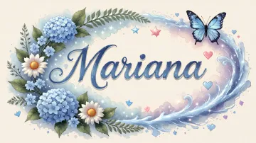 Mariana horizontal diseño 4 - Composición magica con nombre en letra cursiva azul, rodeado de hortensias azules, margaritas blancas y delicadas flores silvestres, enmarcado por suaves remolinos de agua, mariposas azules y destellos estelares sobre un fondo etéreo y romántico.