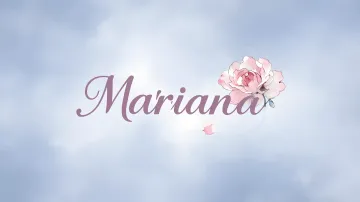 Mariana horizontal diseño 5 - Nombre en elegante tipografía cursiva caligráfica en tono lavanda, sobre fondo acuarela de cielo nublado en tonos pastel (azul, blanco, lavanda), decorado con rosa en acuarela de pétalos rosa pálido, blanco crema y lilas suaves con hojas en gris-verde.