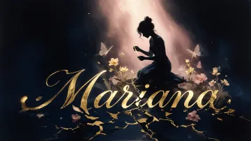 Mariana horizontal diseño 6 - Composición de ilustración semirrealista cinematográfica con silueta femenina tejiendo un hilo dorado de luz sobre un suelo oscuro fracturado al estilo Kintsugi, donde el nombre resalta en un prominente guión caligráfico dorado que emerge de las grietas, rodeado de flores blancas, mariposas y un fondo degradado de azules profundos iluminado por una luz celestial en tonos melocotón y crema, con una frase de aliento en tipografía blanca en la parte inferior.